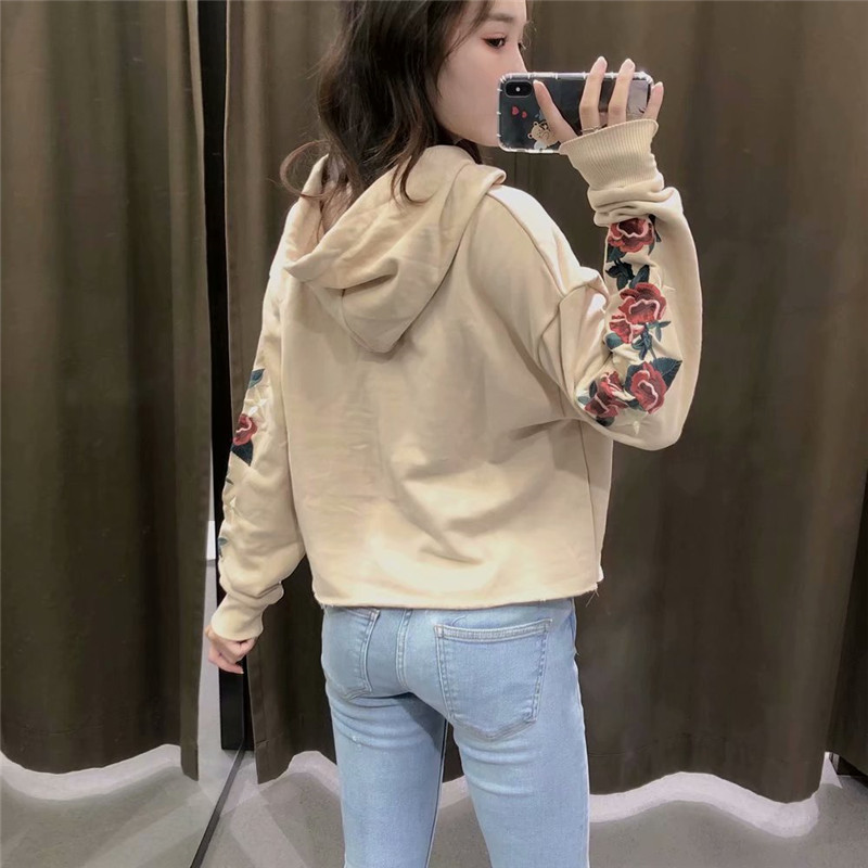 Women Fashion Flower Rose Embroidery Long Sleeve hm Hoodies Chic Ladies Hooded Collar Drawstring Casual Cotton Pullover 210421
