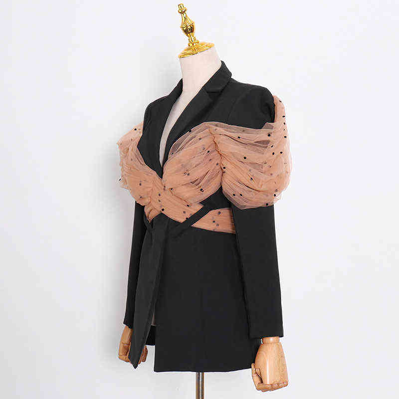 TWOTWINSTYLE Casual Hollow Out Blazer For Women Notched Long Sleeve Patchwork Mesh Hit Color Blazers Female Fashion 211122