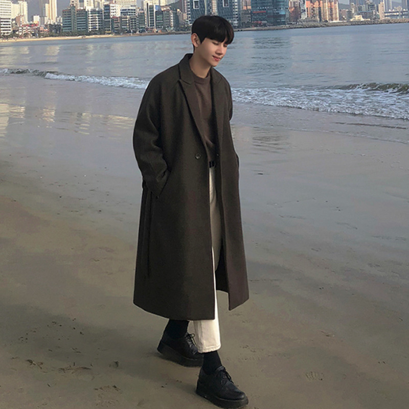 IEFB Men's Autumn Winter Thickened Woolen Coat Men's Medium Long Over The Knee Korean Single Button Overcoat With Belt 9Y5235 210524