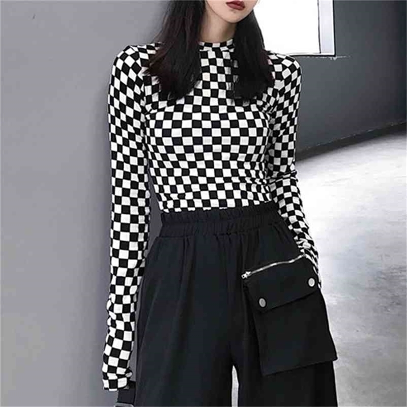 Black & White Checkered Mesh Long Sleeve Mock Neck Cropped Top Women's T-shirts Altgirl Outfit / 210406