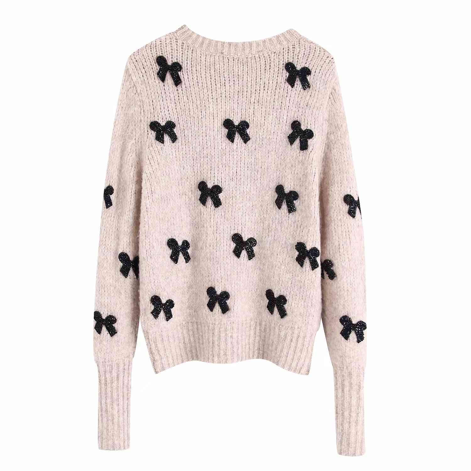 Elegant Bow Tie Appliques Knitted Sweater Women Pullovers O Neck Long Sleeve womens sweaters winter Chic Tops 210521