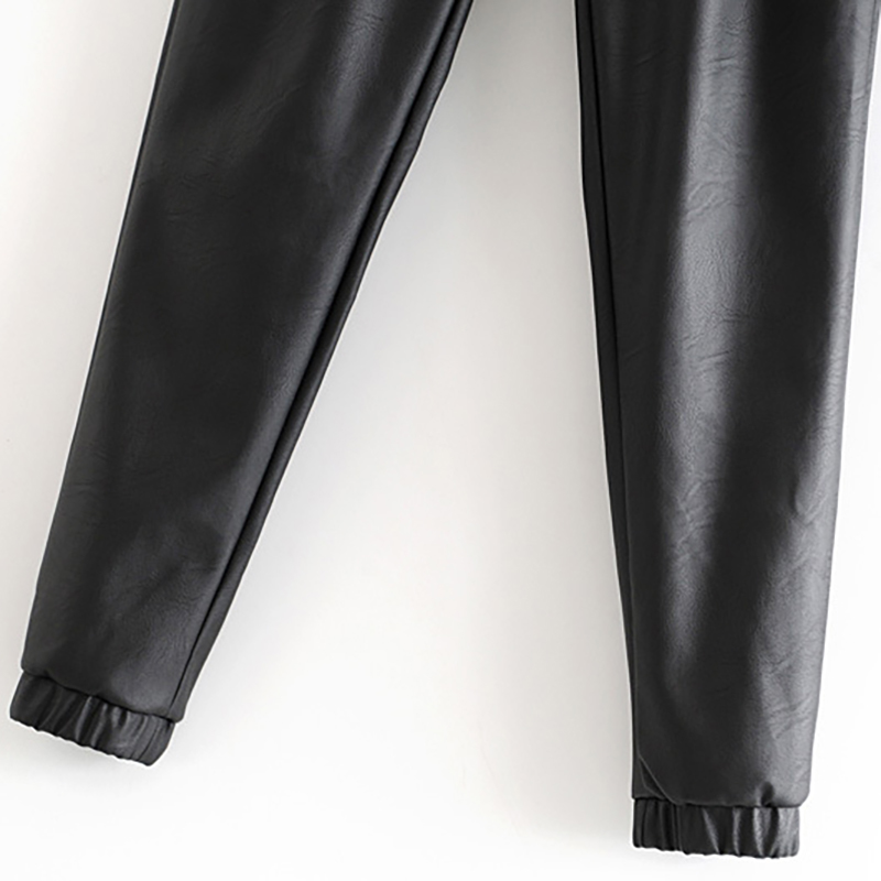 Women Black Chic PU Leather Pants Elastic Waist Long Length Elegant Bottoms Drawstring Tie Pockets Basic Female Trousers XS-XL 210515
