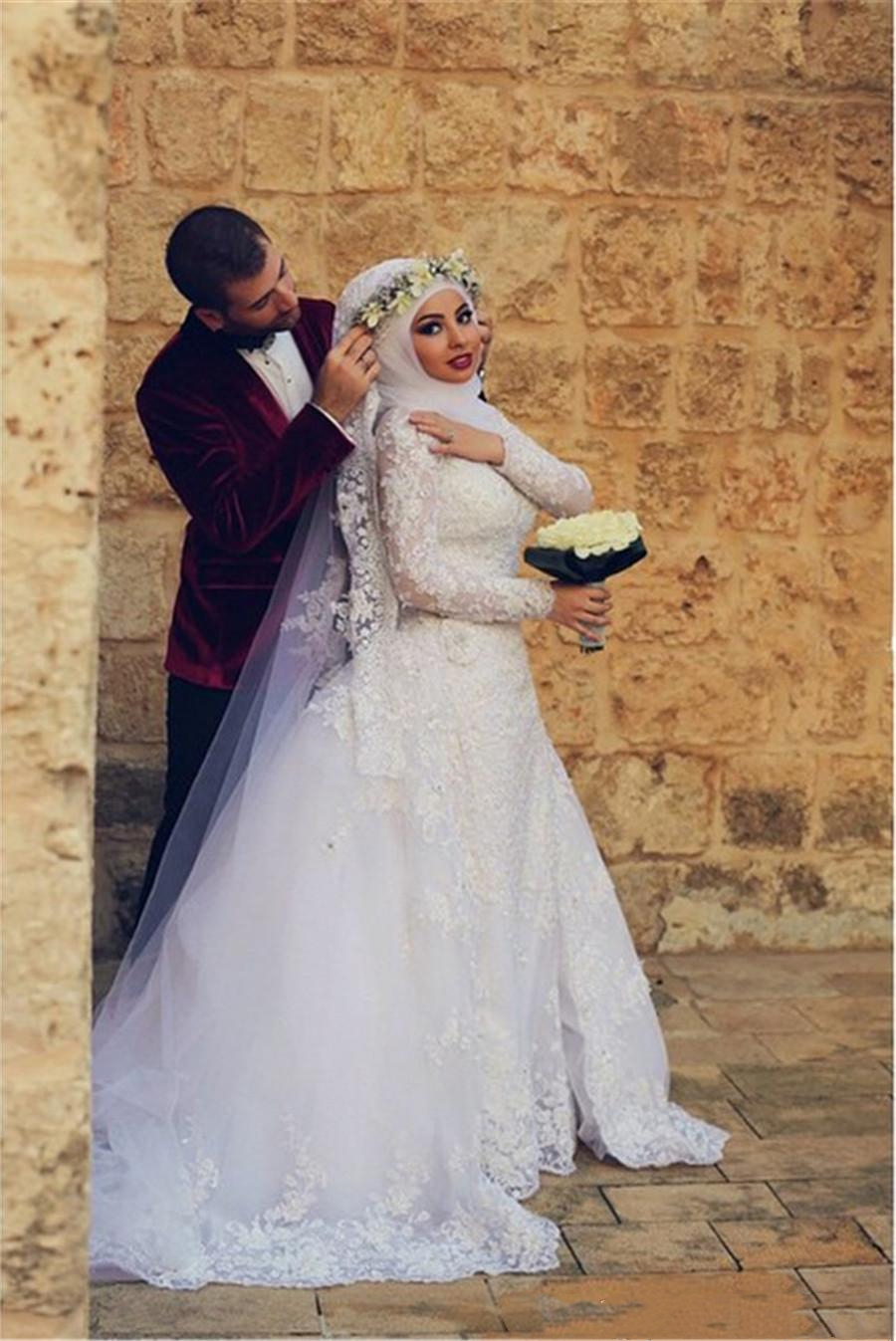 Modest Islamic Mermaid Wedding Dress With Detachable Train illusion Long Sleeve Lace Appliques Beaded Muslim Bridal Gowns 2021 Spring Summer Bride For