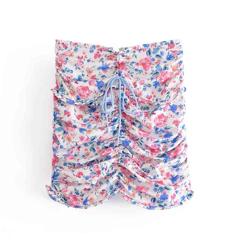 Holiday Lacing up Floral Print Short sleeve Lace Crop Top Sexy Women Package hips Ruched Mini Skirt Set Summer 210429
