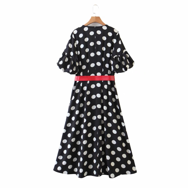 boho women elegant dots print belt dress casual female long dresses sweet bohemia vestidos cute girls chic 210430