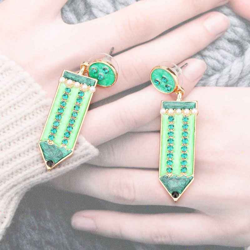 Fashion Back to school season Pencil Dangle Earrings Women Girls 6 Colors Sweet Korean Style Rhinestone Earring Gift for Teacher Students