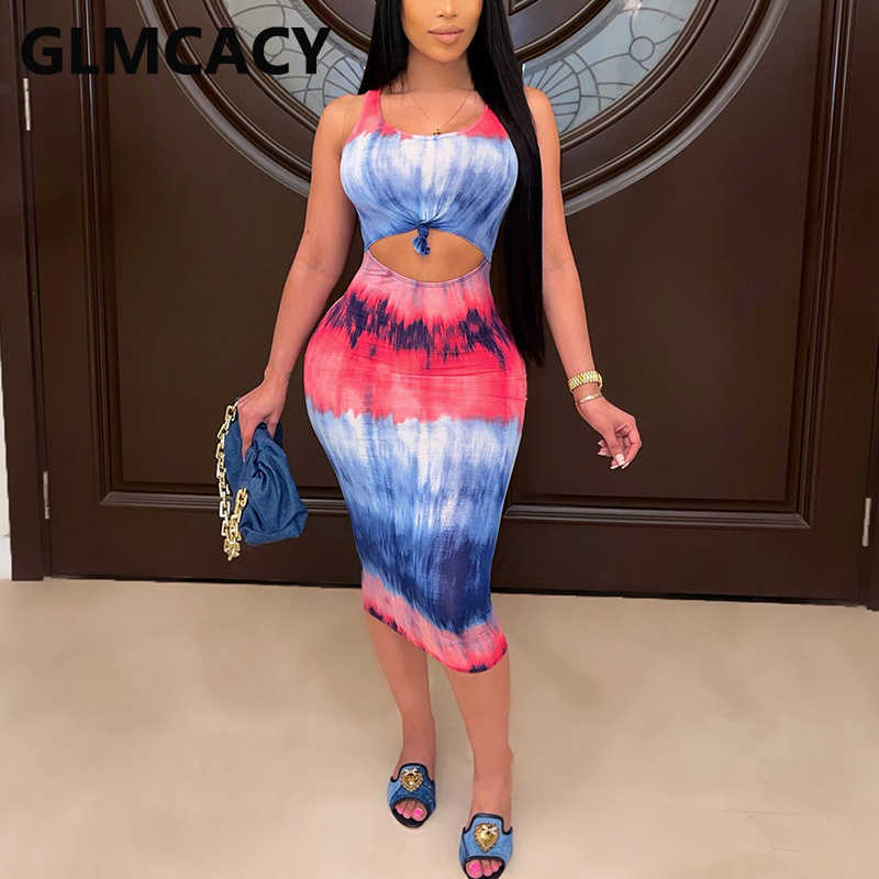 Women Tie Dye Printed Sleeveless Hollow Out Bodycon Midi Dress 210702