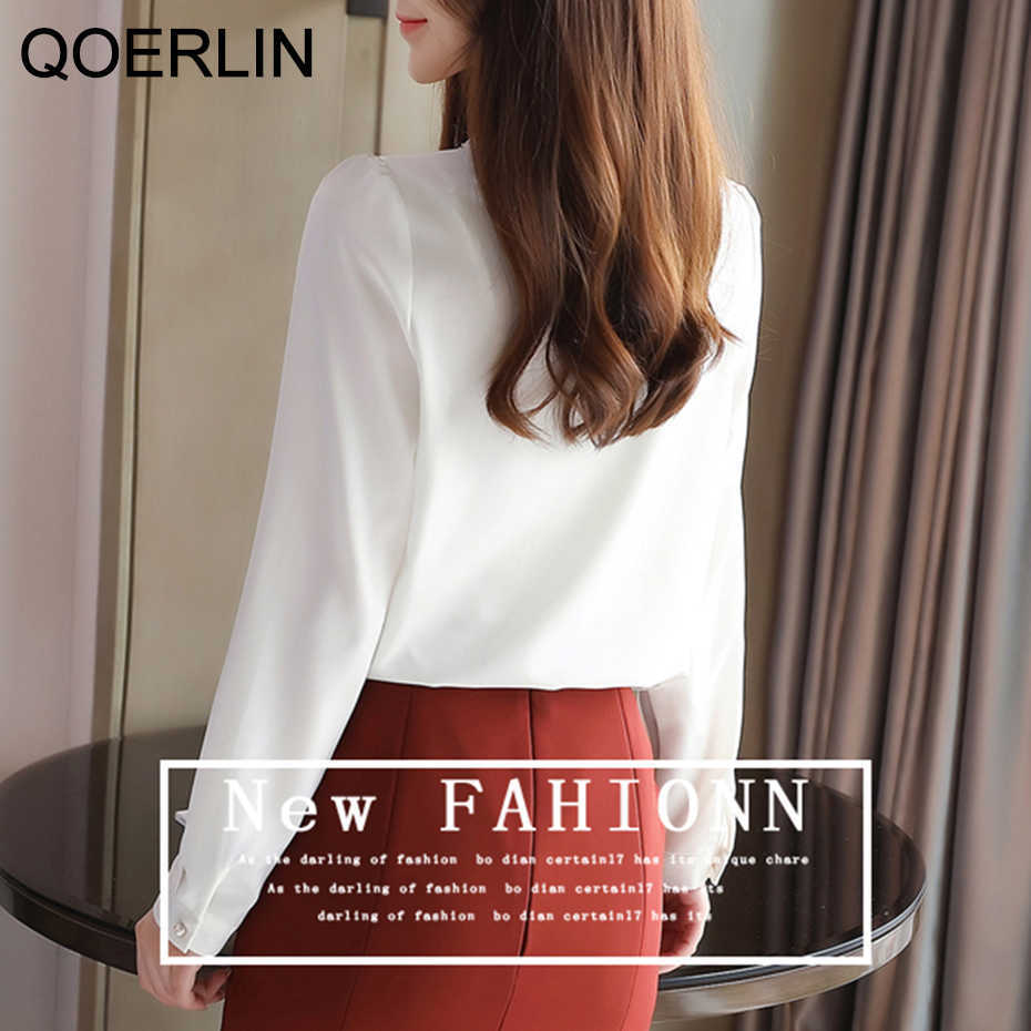 Chiffon Shirt Female Doll Collar Beaded Blouse OL Temperament Long Sleeve Back Button Pullovers Plus Size 210601