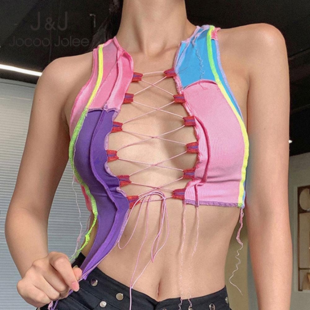 Women Vintage Y2K Hit Color Patchwork Knitting Tanks Sexy Lace Up Hollow Out Crop Tops Skinny Irregular Bandage T Shirt 210518
Women Vintage Y2K Hit Color Patchwork Knitting Tanks Sexy Lace Up Hollow Out Crop Tops Skinny Irregular Bandage T Shirt 210518