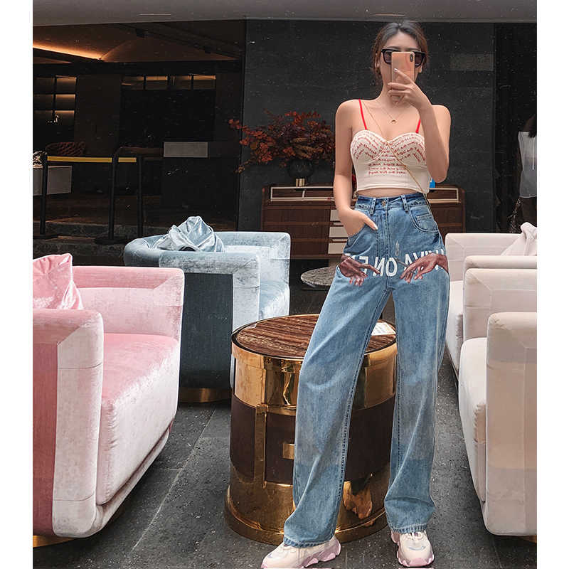 High Waist Jean's Pants Mom Printed Loose Wide Leg Straight Traf Fashion Denim Streetwear Trousers For Female 210809