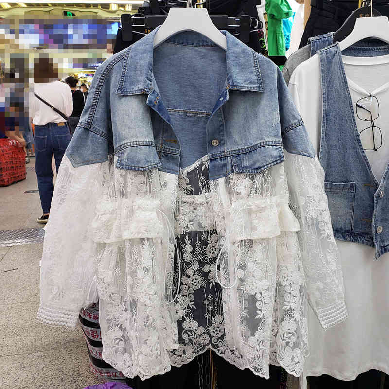 Women's Denim Jacket Lace Spring Summer Elegant Jeans Coat Fashion Ladies s Mujer 210519