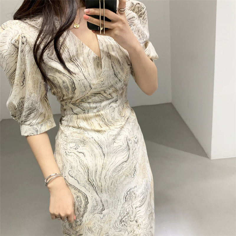 All Match Printed OL Short Sleeves Slimming Chic High Waist Office Lady Retro Vintage Women Elegant Dresses 210421