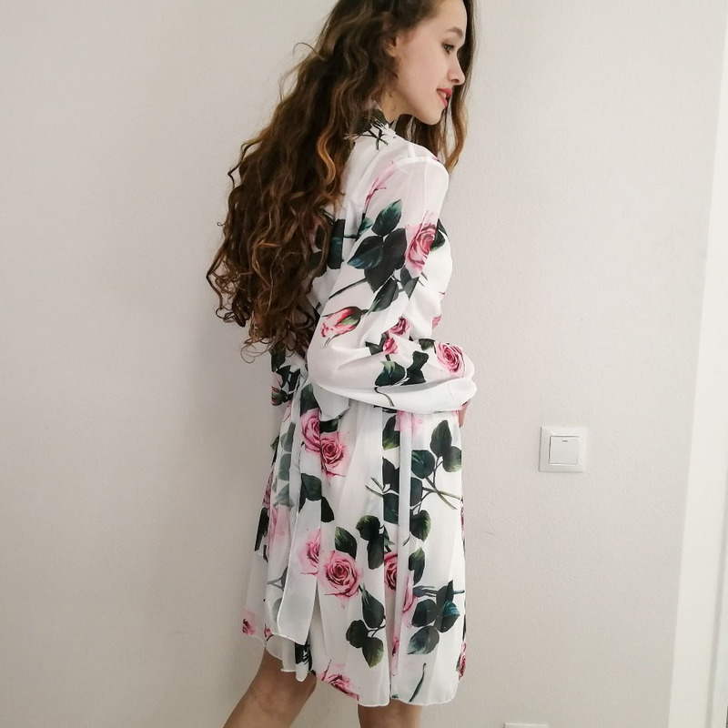 Women Chiffon Floral Dress Ladies Above Knee Mini Empire Beach Style Dresses High Waist Belt Vestido Turtle Neck Fashion Costume 210409