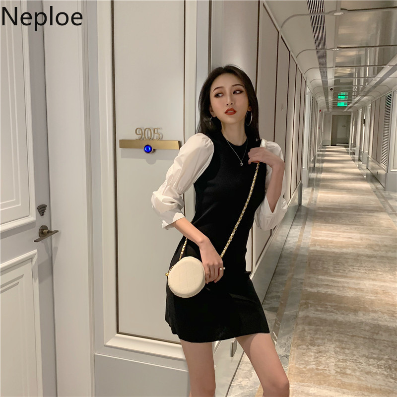 Neploe Fashion Mini Dresses Patchwork Contrast Color Bodycon Dress for Women Sweet Robe Korean Slim Waist Knit Vestidos 210422