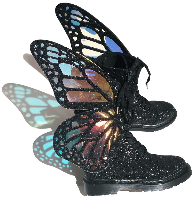 boot Bling female transparent butterfly fashion wings sequined lace up to warm winter mujer boots