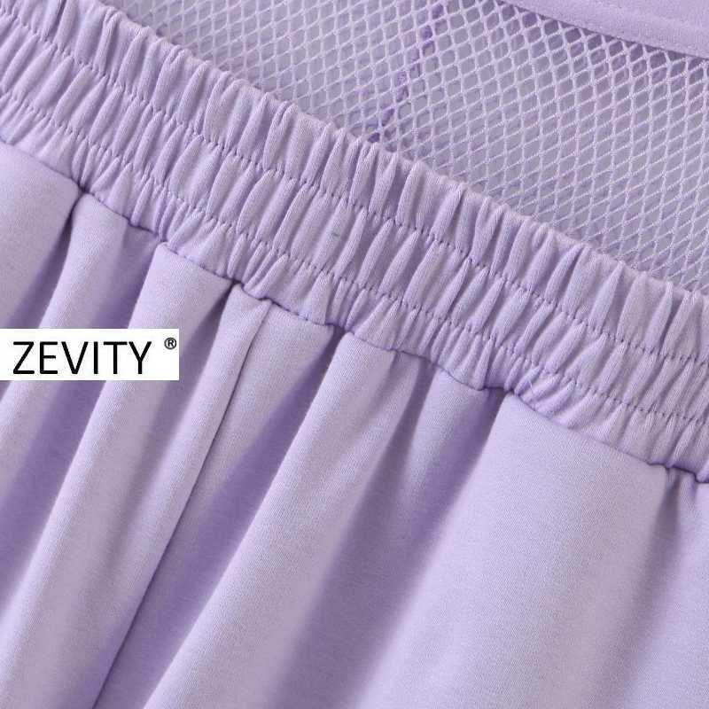 Zevity Women fashion mesh stitching purple color straight pants femme elastic waist leisure Trousers chic pockets pants P896 210603