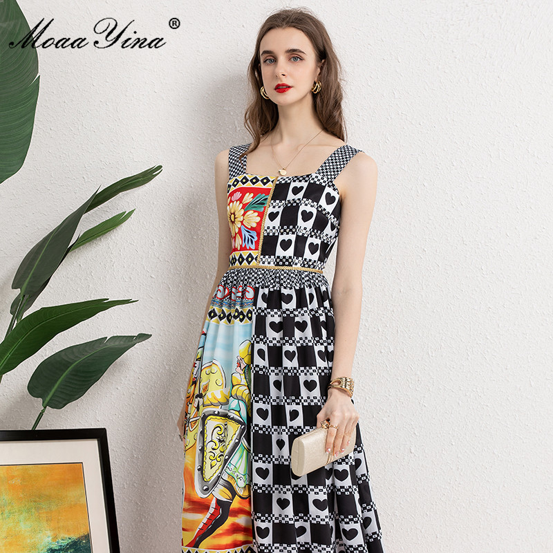 Summer Fashion Vintage Spaghetti Strap Dresses Women's High waist Bead Floral print Sleeveless Elegant Midi Dress 210524
