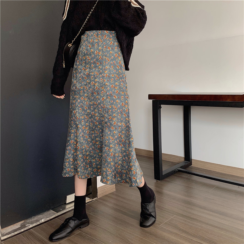 Nomikuma Corduroy Floral Women Mermaid Skirt Korean High Waist Elegant A-line Skirts Autumn Winter New Faldas Mujer 6C992 210427
