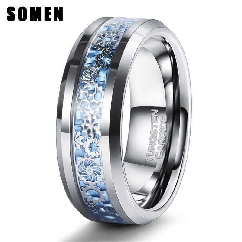 Somen Silver Color Tungsten Men Luxury Wedding Band Male Blue and Gears Inlay Cool Design Rings 8mmParty Jewelry