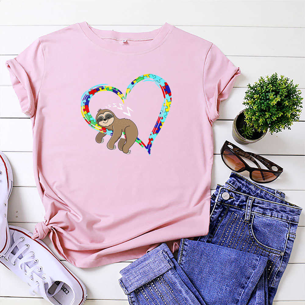 S-5XL Fashion 100% Cotton Women T-Shirt Casual Loose Lazy Sloth Heart Print Summer Female Tees Top Plus Size W871 210526