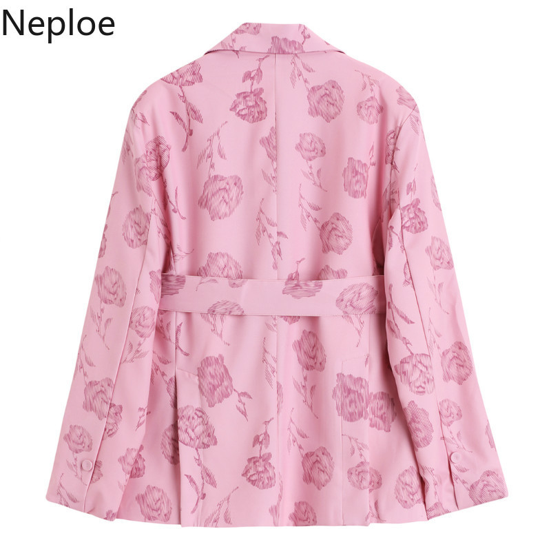 Neploe Suit Jacket Women's Spring Casual Slim Fit Bkazers Notched Collar Single Button with Waist Chain Pink Long Sleeve Tops 210422