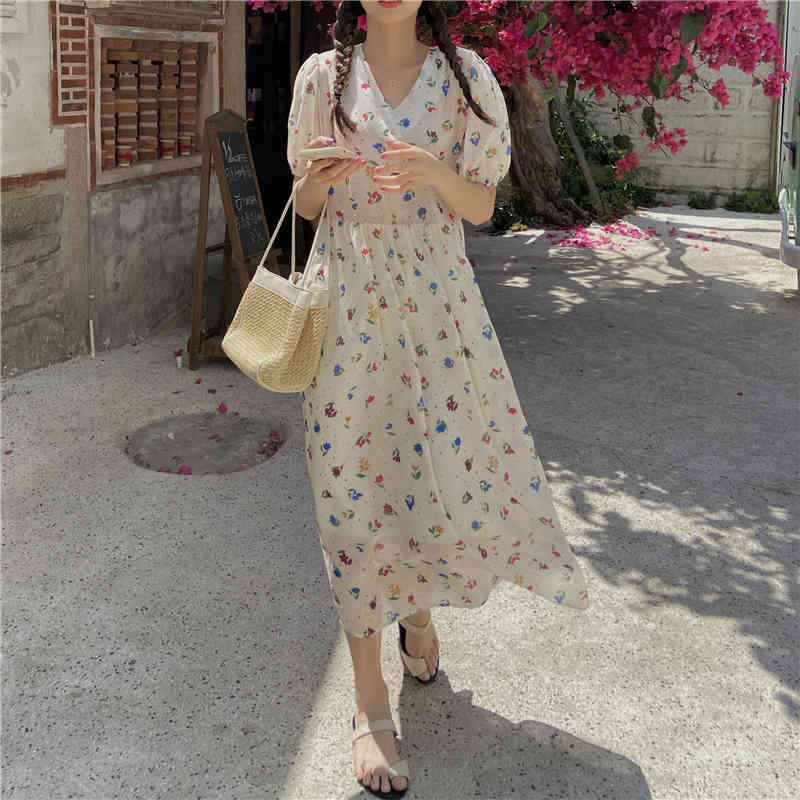 Spring Summer dress korean style floral print V neck a line dress Puff Short Sleeve long dress womens (K8134) 210423