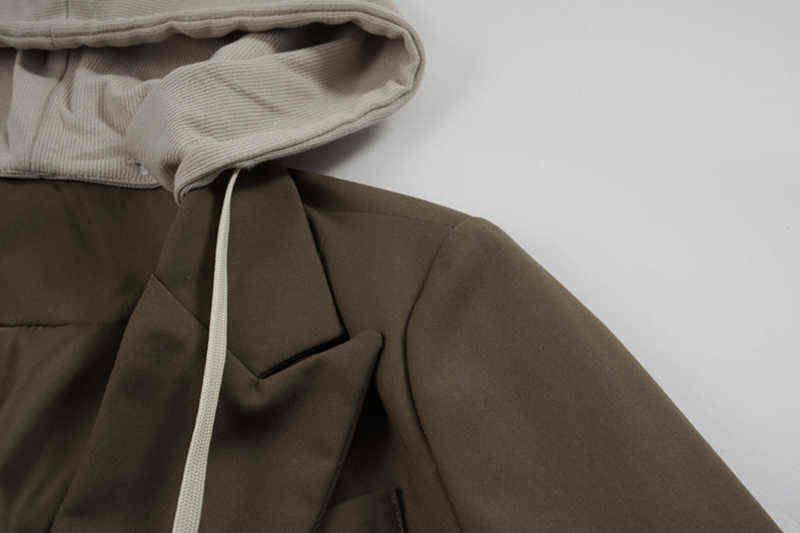 [EAM] Women Khaki Double Breasted Big Size Blazer Hooded Long Sleeve Loose Fit Jacket Fashion Spring Autumn 1DE3311 211122