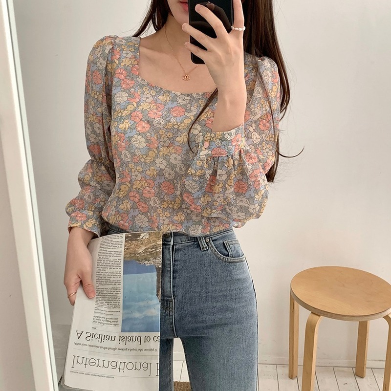 Streetwear Printed Chiffon Blouse Women Shirts Long Sleeve Tops Vintage Floral Loose Office Lady Blouses Blusas 10113 210506