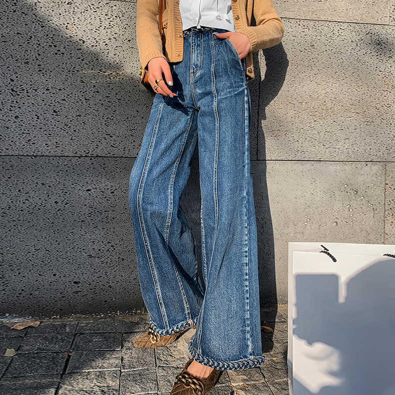 TWOTYLE Casual Blue Denim Trousers For Women High Waist Loose Straight Full Length Jeans Female Summer Fashion Clothes 210809