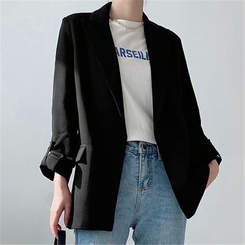 Elegant Women Solid Black Blazers Fashion Ladies Notched Collar Jacket Causal Female Chic Pocket Cardigans 210430