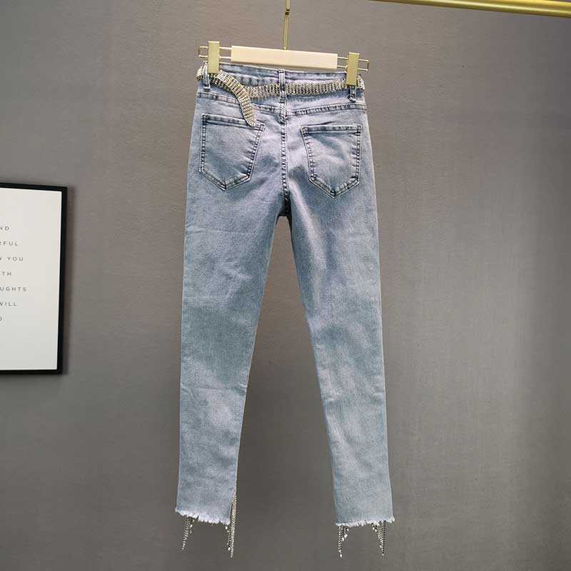 Spring Women's Cotton Elastic High Waist Irregular Tassel Denim Pants Hole Ripped Ankle Length Jeans 210708