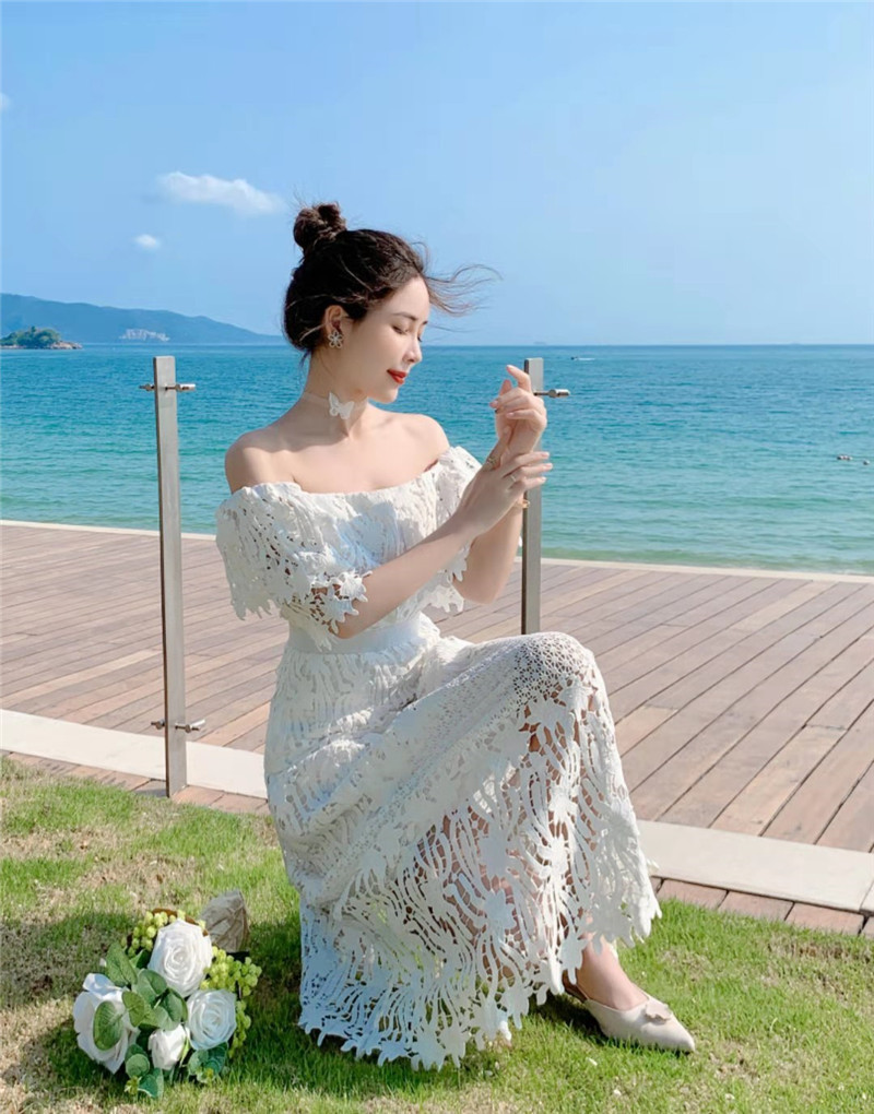 High Quality Embroidery Hollow Out Lace Dress Women Summer Sexy Off The Shoulder Long Party Vestidos 210520