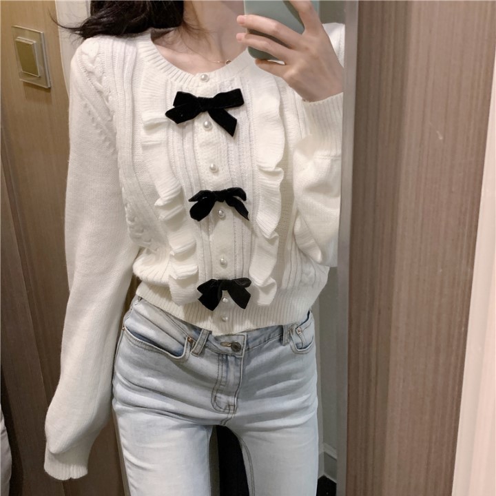 Women Autumn Winter Fashion Bowknot Weave Pearl Buttons Cardigan Sweater Long Sleeve Knitted Outerwear Coat 210506