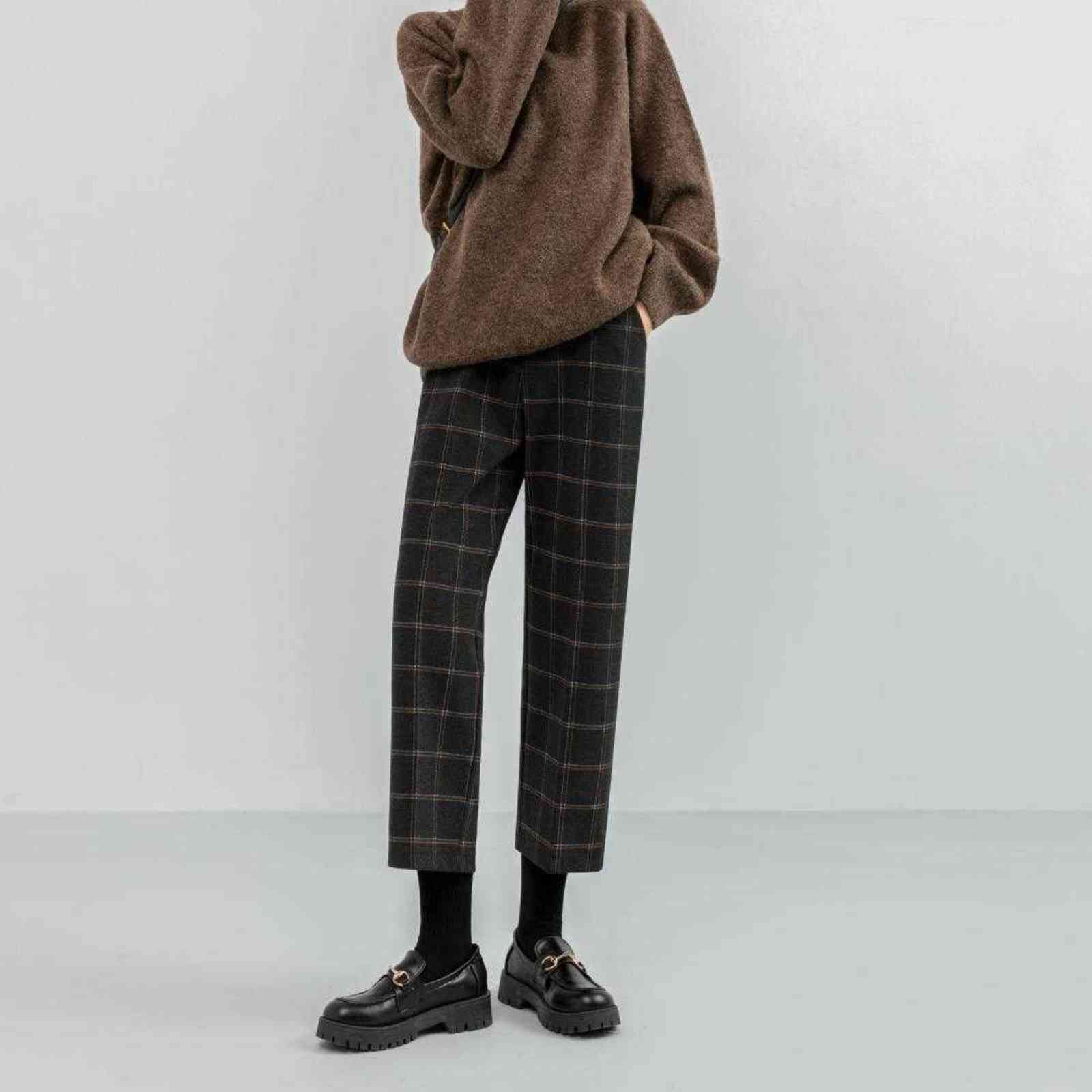 REALEFT Winter Vintage Plaid Woolen Pants Fashion High Waist Pockets Thicken Warm Ankle Length Casual Trousers Female 211124