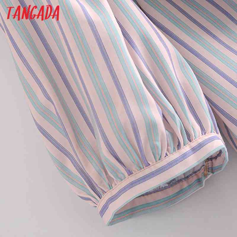 Women Retro Striped Print Oversize Collar for Summer Sleeve Chic Female Short Blouse Shirt Tops 3H100 210416