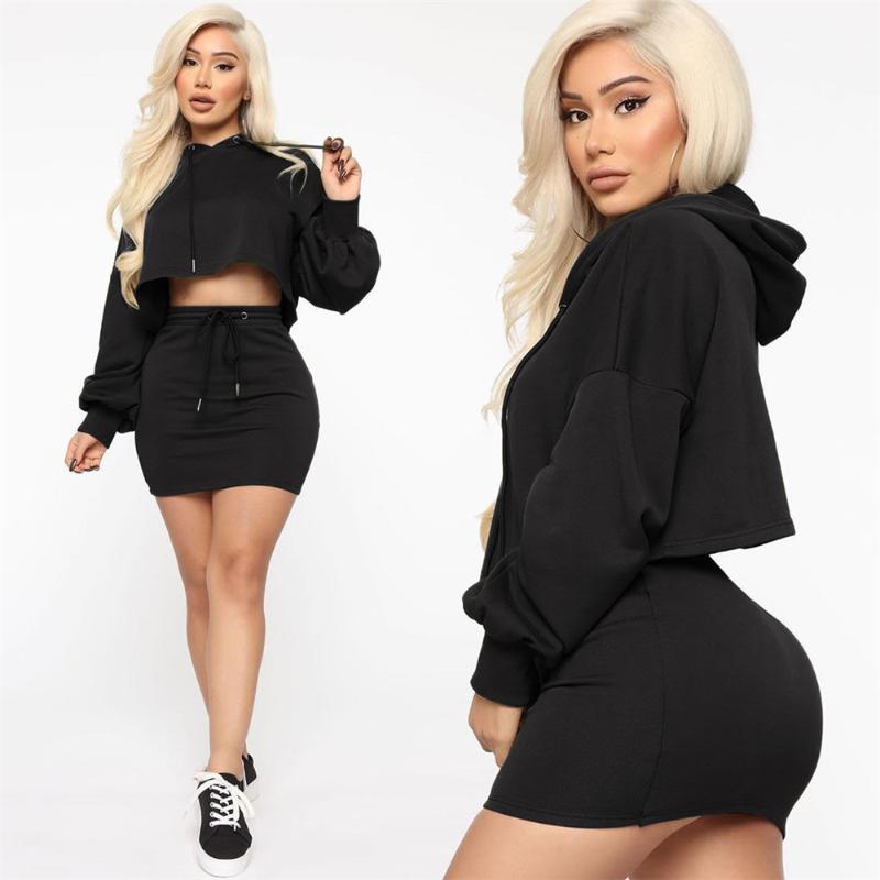 Spring Autumn Two Piece Skirt Set Women Hooded Long Sleeve Sweatshirt Crop Top And Mini Casual Club 2 Outfits Women's Tracksuits