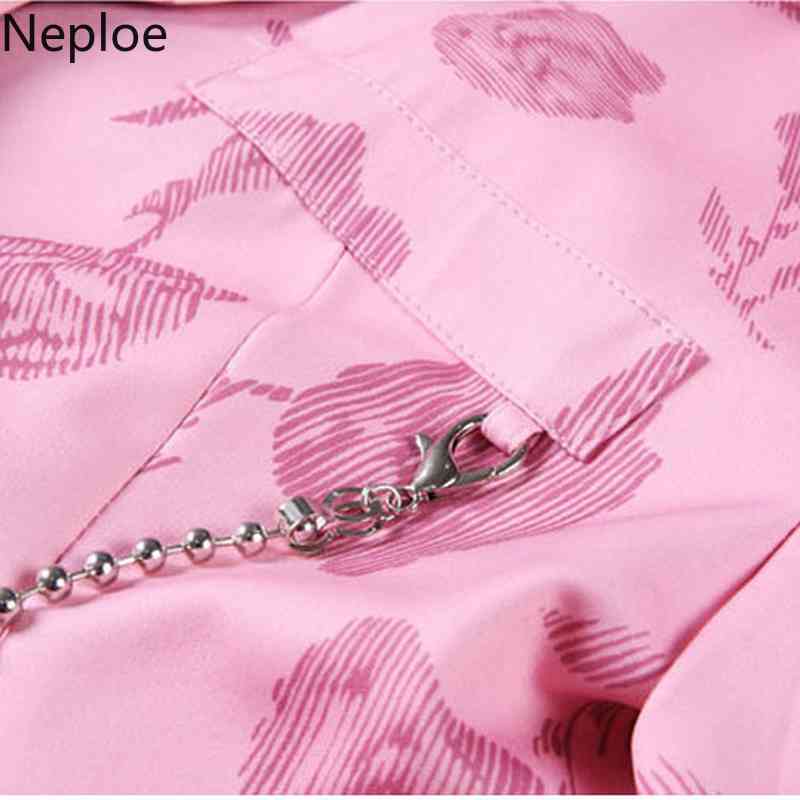 Neploe Suit Jacket Women's Spring Casual Slim Fit Bkazers Notched Collar Single Button with Waist Chain Pink Long Sleeve Tops 210422