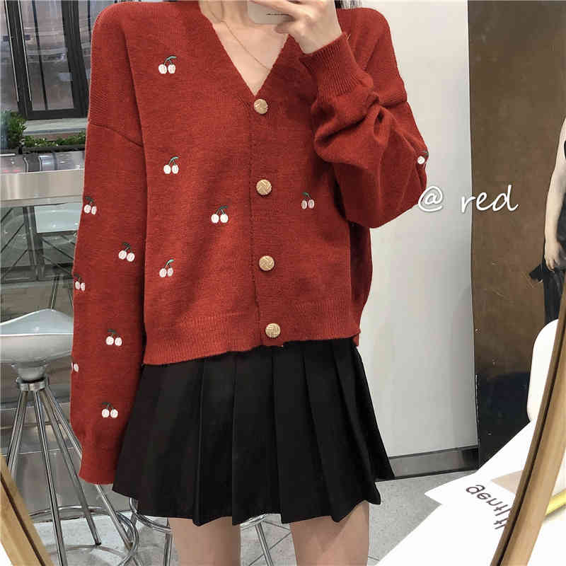 Nomikuma Korean Cherry Sweet Knitted Cardigan Jacket Autumn Long Sleeve V-neck Knitwear Causal Women Sweater Coat 6C851 210427
