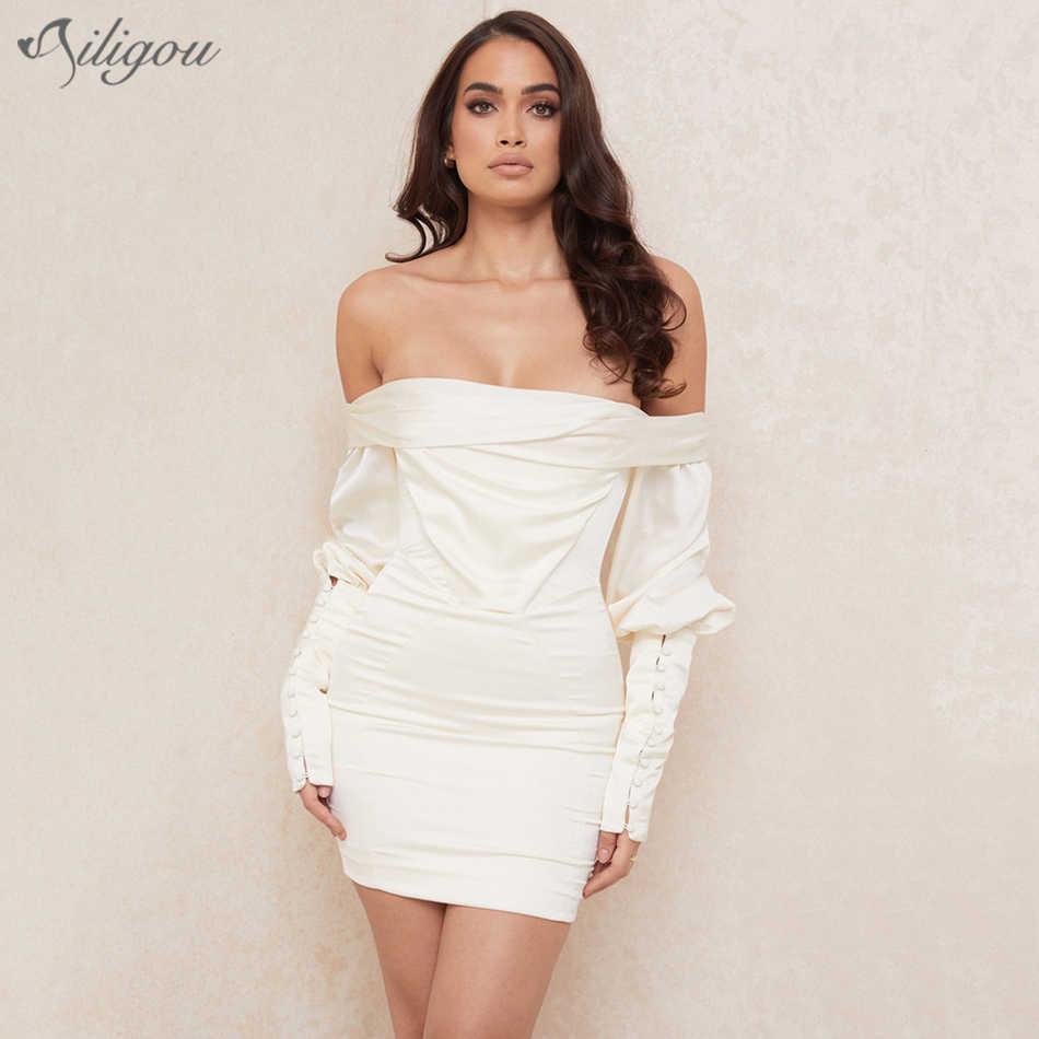 Satin Corset Dress Ladies Mini Lantern Sleeve Off Shoulder Sexy Party Club Bodycon Draped Aummer 210527