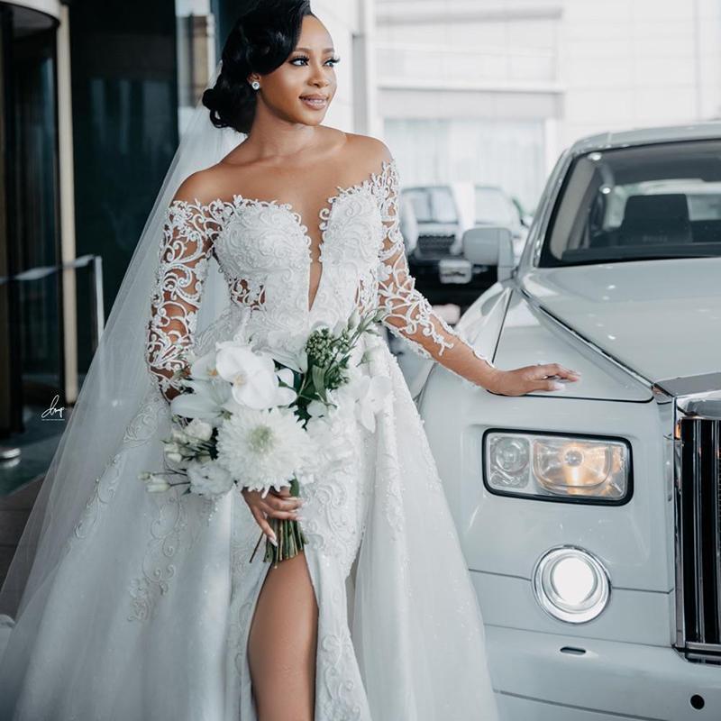 Designer Long Sleeves Wedding Dresses Bridal Gown With Overskirt Off The Shoulder Side Slit Tulle Beaded Lace Applique Pearls Custom Made Plus Size Ve