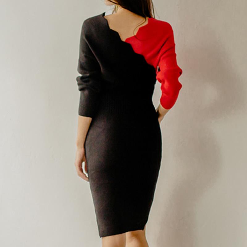 Ladies V-Neck High Waist Long-Sleeved Sweater Knitted Dress Bat Sleeve Bodycon Knee-Length Sexy Vestidos Casual Dresses