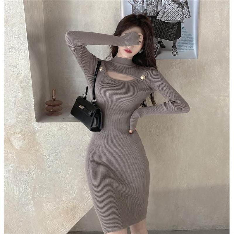 New design womens autumn long sleeve o-neck hollow out knitted sexy bodycon tunic sweater dress SMLXL