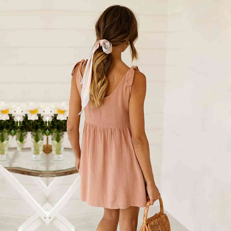 Spring New Spaghetti Strap Dress Women Casual Solid Lace Up Short Sleeveless Dress For Women O Neck Summer Sling Dress 210331Z