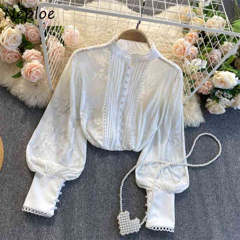 Elegant Lace Hook Flower Loose Blouse Women Stand Collar Lantern Long Sleeve Blusas Spring Shirt Feminino 210422