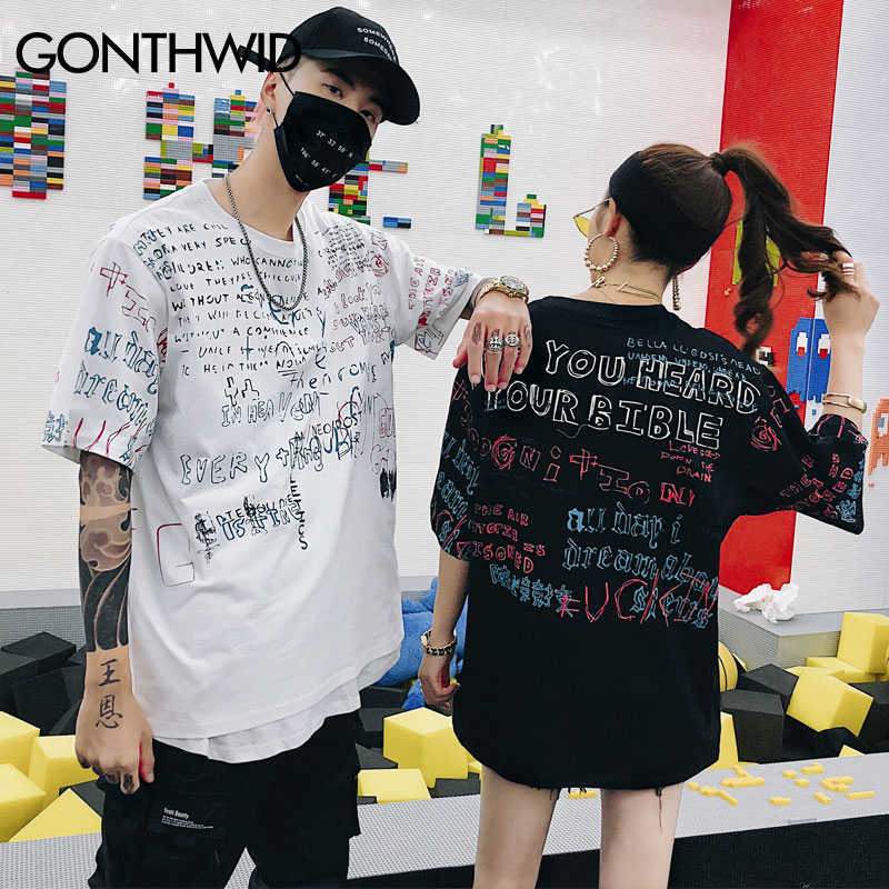 GONTHWID Graffiti Print Casual T Shirts Tee Tops Summer Men Hip Hop Short Sleeve Streetwear Fashion Harajuku Casual Male Tshirts 210707