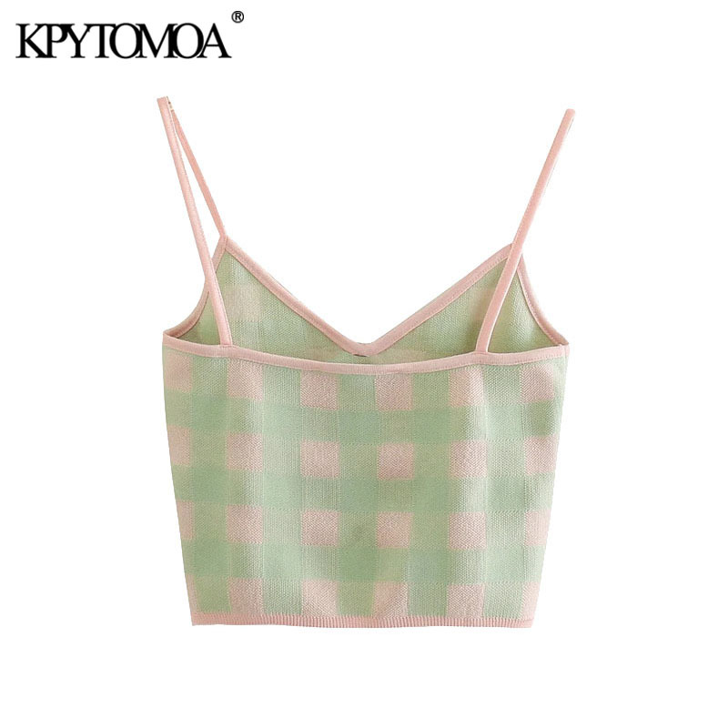 Women Fashion Check Cropped Knitted Tank Tops Vintage V Neck With Thin Straps Female Camis Mujer 210416