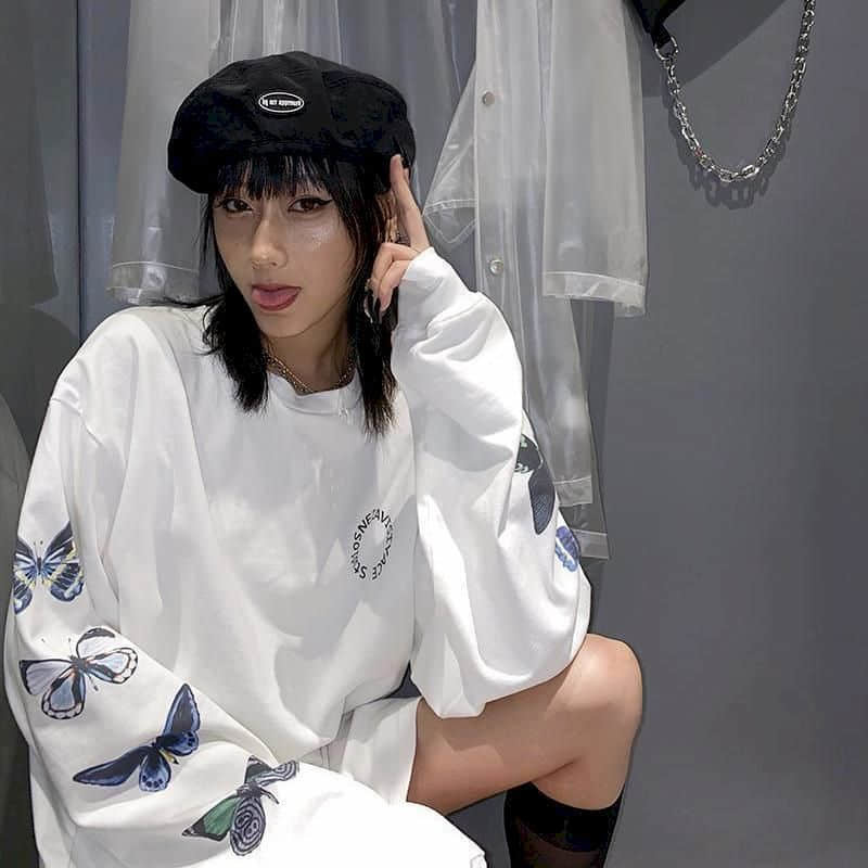woman tshirts Long-sleeved T-shirt women autumn new Harajuku style bf style butterfly print Korean student loose ins top 210406