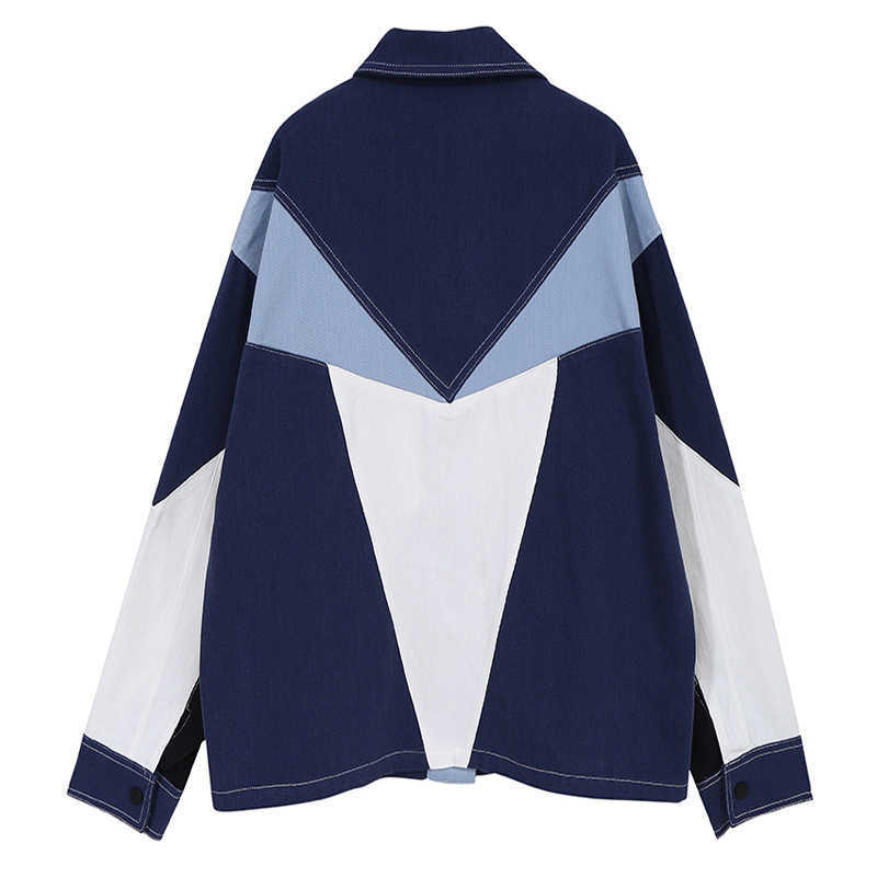 [EAM] Loose Fit Blue Conrtast Color Big Size Denim Jacket Lapel Long Sleeve Women Coat Fashion Spring Autumn 1DB903 210928