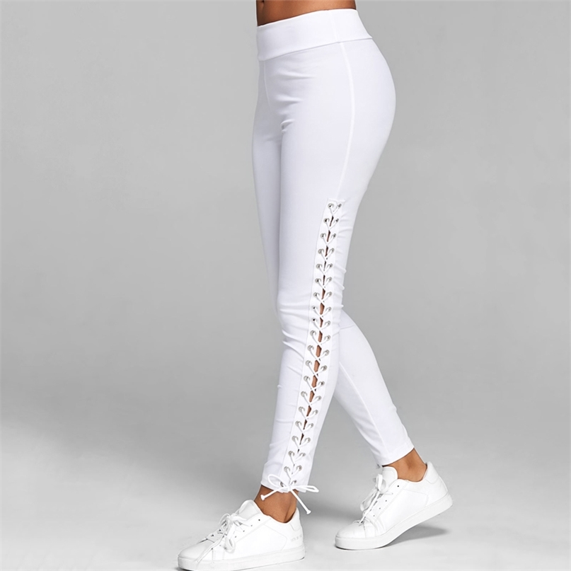 Plus Size S-3XL Lace Up Grommet Leggings Skinny Leggings Women Pencil Pants Trouser Black White Leggings Streetwear Cargo Pant 210820