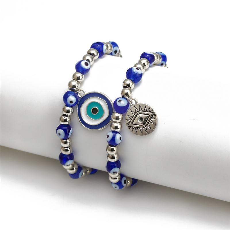 Blue Evil Eyes Beaded Strands Charm Bracelets Fashion Stretch Silver Bead Bracelet Bangles Lucky Turkish Pendant Jewelry Accessories for Women Men Gif